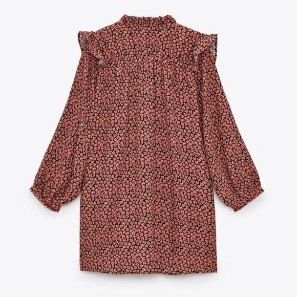 NEW Zara Red Floral Printed Button Ruffle Shoulder Long Sleeve Mini Dress SZ XS - Picture 5 of 7